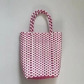 Pink and white checkered handmade PVC woven beach tote bag with durable top handle - Pink White