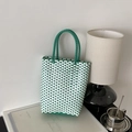 Handmade green and white checkered PVC woven tote bag with durable dual top handles - Green and White