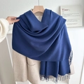 Soft blue long scarf with tassel trim paired with a beige coat for a stylish winter look - No.18 Navy Blue