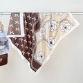 Retro silk square scarf featuring camellia and chain prints in brown and beige - 90*90cm / Brown