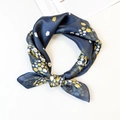 Navy blue silk square scarf with delicate white and yellow floral print in knot style - Blue Edge
