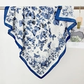 Elegant 90x90 square scarf with blue butterfly print on a white silk-like fabric - Butterfly Print (Rzw90-2) / Blue