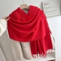Solid bright red cashmere-feel knit scarf with elegant fringe tassels on beige coat - No.13 Red