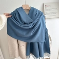 Morandi blue cashmere-feel winter scarf with elegant long fringes for men and women - No.20 Denim Blue