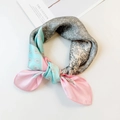 Silk neck scarf with colorful paisley and floral patterns in pink, blue and grey - 53x53cm / Pink Trim