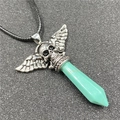 Gothic punk skull necklace featuring silver wings and turquoise hexagonal crystal pendant - Synthetic Blue Turquoise