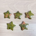 Five 30mm natural unakite star stones with polished green and pink mineral texture - Unakite