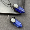 Lapis lazuli hexagonal pyramid necklace with moonstone inlay in black nickel finish - Lapis Lazuli Style