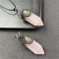 Pink quartz hexagonal cone necklace with labradorite inlay and gunmetal finish - Rose Quartz Style