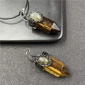 Tiger eye hexagonal crystal pendant with retro metal cap and crescent stone inlay - Tiger Eye Style