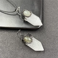 Hexagonal white crystal pendant with moon alloy clasp and natural labradorite inlay - Clear Quartz Style