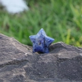 Polished blue sodalite crystal star figurine placed on dark grey stone background - Blue Spot Jasper