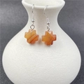 Agate cross earrings with natural orange stripes and silver metal hooks - Red Agate