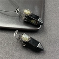Polished black obsidian hexagonal cone pendant with vintage silver filigree and moonstone - Obsidian Style