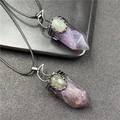 Amethyst hexagonal prism necklace featuring crescent moon and moonstone inlay - Amethyst Style