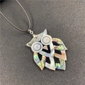 Owl pendant necklace featuring colorful abalone shell inlay on a black wax cord strap - Style 9 Owl