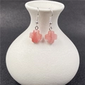 Pink crystal quartz cross pendant drop earrings with elegant silver fishhook wires - Synthetic Watermelon Red