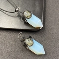 Hexagonal prism crystal necklace with blue moonstone and vintage silver crescent inlay - Opal Style (Synthetic)