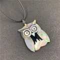 Iridescent abalone shell and mother of pearl owl pendant necklace on black cord - Style 10 Owl