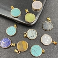 Set of round natural stone pendants with gold-plated edges in various vibrant colors - Random Style