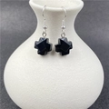 Black obsidian cross drop earrings with silver hooks for a modern minimalist look - Black Agate