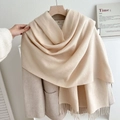 Soft cream knit scarf with fringe details paired with a matching winter coat outfit - No.26 Off White