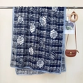 Dark blue plaid scarf featuring white rose patterns and light blue hemmed edges - 85x180cm / Blue