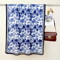 Navy and white cotton linen scarf with vintage rose floral prints and black hem detail - 85*180 / Blue & White