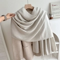 Solid cream knit tassel scarf in cashmere-like fabric paired with a beige wool coat - No.2 Gray White