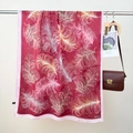 Burgundy cotton linen scarf featuring colorful feather prints and pink borders - 180x85cm / Rose Red