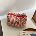 Red plaid canvas cosmetic bag featuring delicate cherry embroidery and a red zipper closure - L