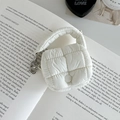 Quilted white mini coin purse and earphone case with silver metal keychain hook - White
