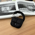 Black quilted mini pouch for earbuds with silver carabiner and padded round handle - Black