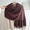 Solid deep brown fringe scarf in soft cashmere feel fabric layered on an oatmeal coat - No.24 Coffee