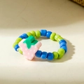 Detail shot of strawberry charm beaded ring with blue and green plastic beads - Blue Green Strawberry Style (31025-ring-gb)