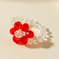 Macro shot of handmade beaded flower ring with red crystal beads and clear facets - Red White Faceted Flower Style (30664-ring-red-1)