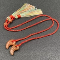 Japanese style red woven bookmark with sparkling brown goldstone magatama pendants - Gold Sandstone