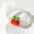Macro detail of beaded cherry ring with red fruit charms and faceted clear crystals - Faceted Cherry Style (31027-ring-red)