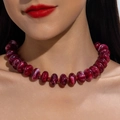 Macro detail of wine red acrylic beaded necklace with marble texture on model - Dark Red Marble(31101)