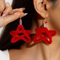 Close-up detail of plush red star earrings with silver hooks for winter fashion - Red Star Plush Style (31303-ear-red-EP)