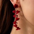 Detail of long red velvet flower earrings with golden chains showing vintage texture - Six Red Flocked Flowers Gold Tassel Style (31572-ear-red-EP)