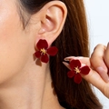 Detailed view of red velvet flower earrings with golden core and soft flocking texture - Red Flocked Flower Style (29961-ear-red)