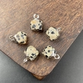 Spotted natural stone cube pendant with silver plated metal base for jewelry making - Dalmatian Jasper