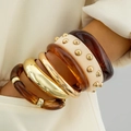 Retro acrylic bangles set with tortoise shell patterns and gold rivets for women - Resin Rivet and Gold Metal Stacking Set (31655)