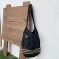 Handmade black crochet shoulder tote bag with floral hollow patterns for beach vacations - Black