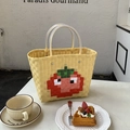 Handwoven yellow tote bag with pixel art red tomato pattern and clear handles - Pixel Tomato Style / Yellow