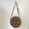 Handmade round straw crossbody bag with colorful spiral beaded design and slim strap - Khaki