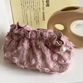 Trousse à maquillage rose en dentelle à fleurs 3D avec fermeture éclair en perle - Rose
