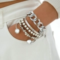 5-teiliges silberfarbenes Armband-Set mit Panzerketten und Perlen am Handgelenk - Silbernes 5-teiliges Set (31692-bra-S-EP)