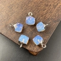 Five opal style iridescent glass cube pendants with silver metal caps for DIY jewelry - Synthetic Opal